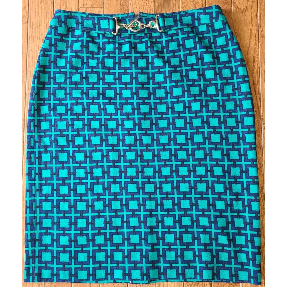 NWOT Womens Talbots Green/Black Career Mini Skirt W/ Gold Belt Accent  sz 2 Zip
